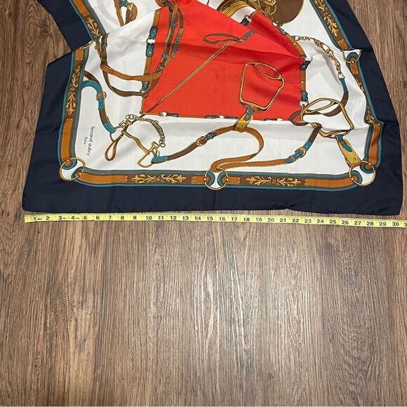 Vintage Fernand Aubry Paris Scarf Equestrian Design Blue Cream Red Tan Gold 30” - Picture 5 of 15
